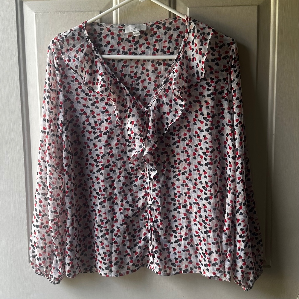 Loft Outlet sheer,  with ruffle and V neck with ruffle button down Blouse..